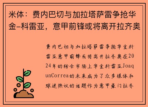 米体：费内巴切与加拉塔萨雷争抢华金-科雷亚，意甲前锋或将离开拉齐奥