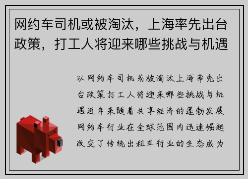 网约车司机或被淘汰，上海率先出台政策，打工人将迎来哪些挑战与机遇？