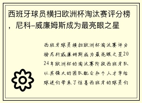 西班牙球员横扫欧洲杯淘汰赛评分榜，尼科-威廉姆斯成为最亮眼之星