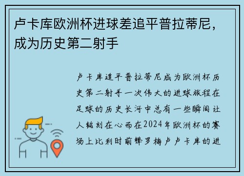 卢卡库欧洲杯进球差追平普拉蒂尼，成为历史第二射手